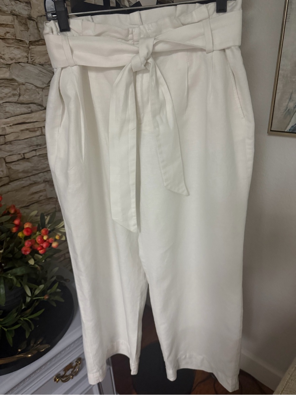 High-Rise Paperbag Waist white Pants with Tie Belt